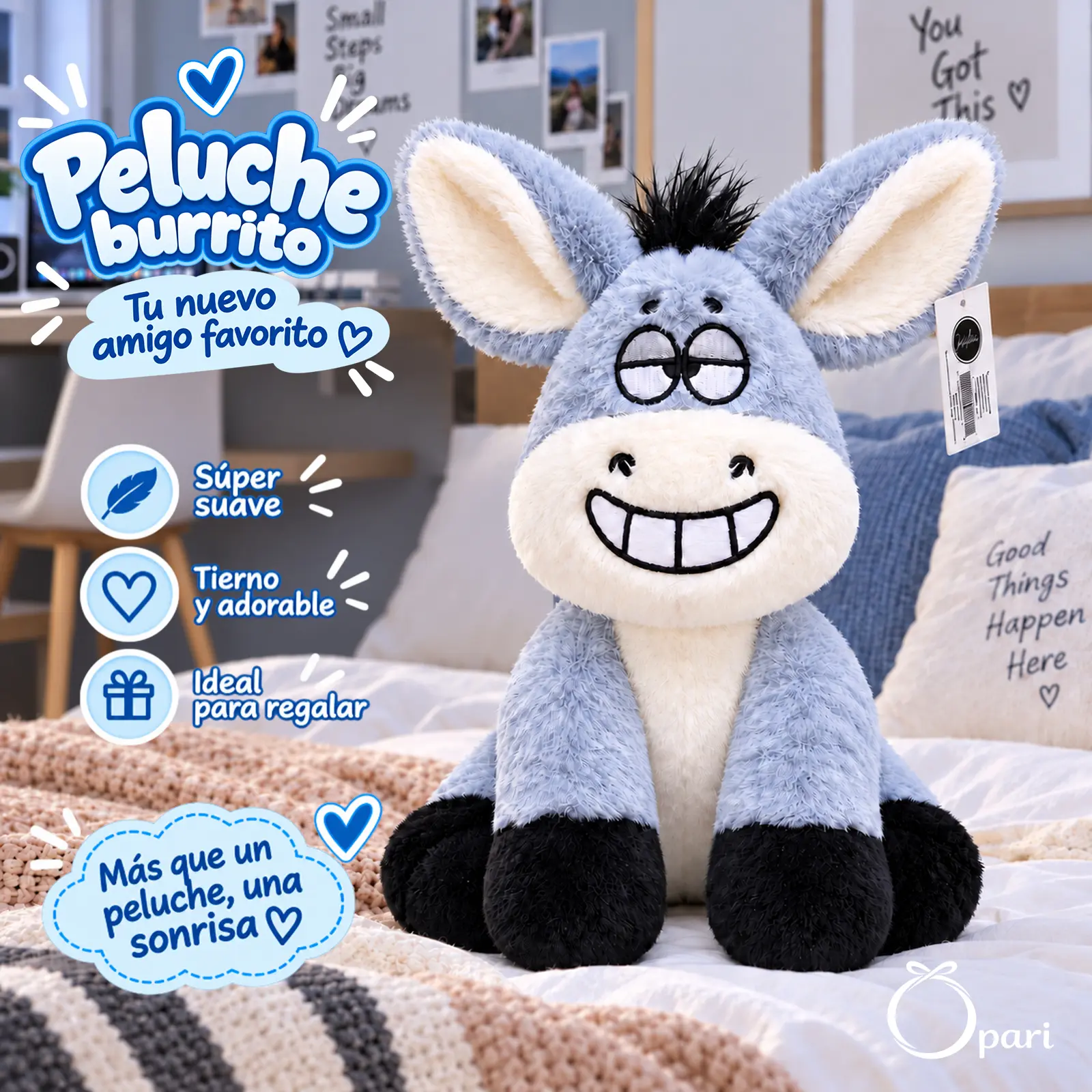 Peluche Burro Gris Kawaii Sonriente - Imagen 3