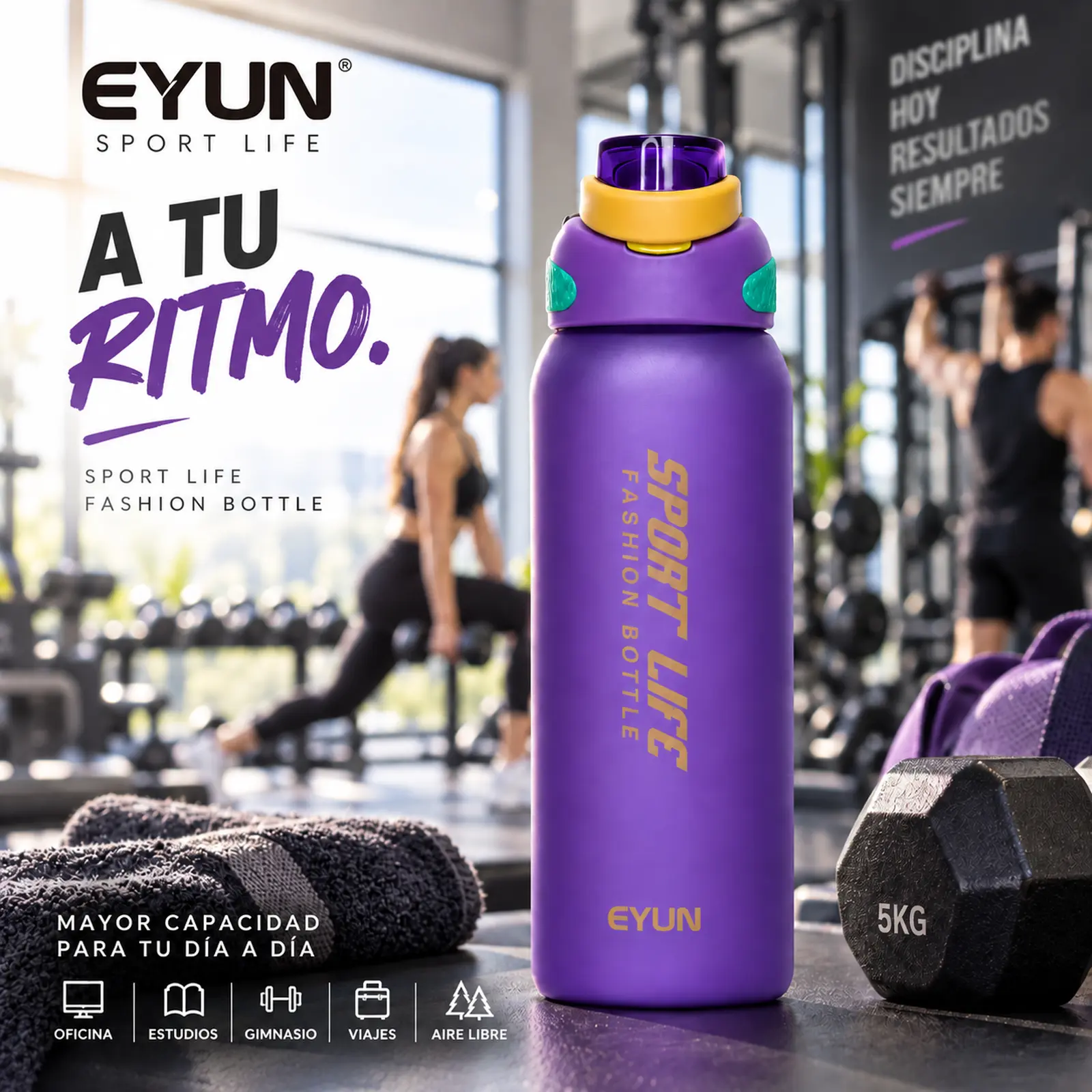 Tomatodo deportivo EYUN 1.5 L color morado con tapa deportiva