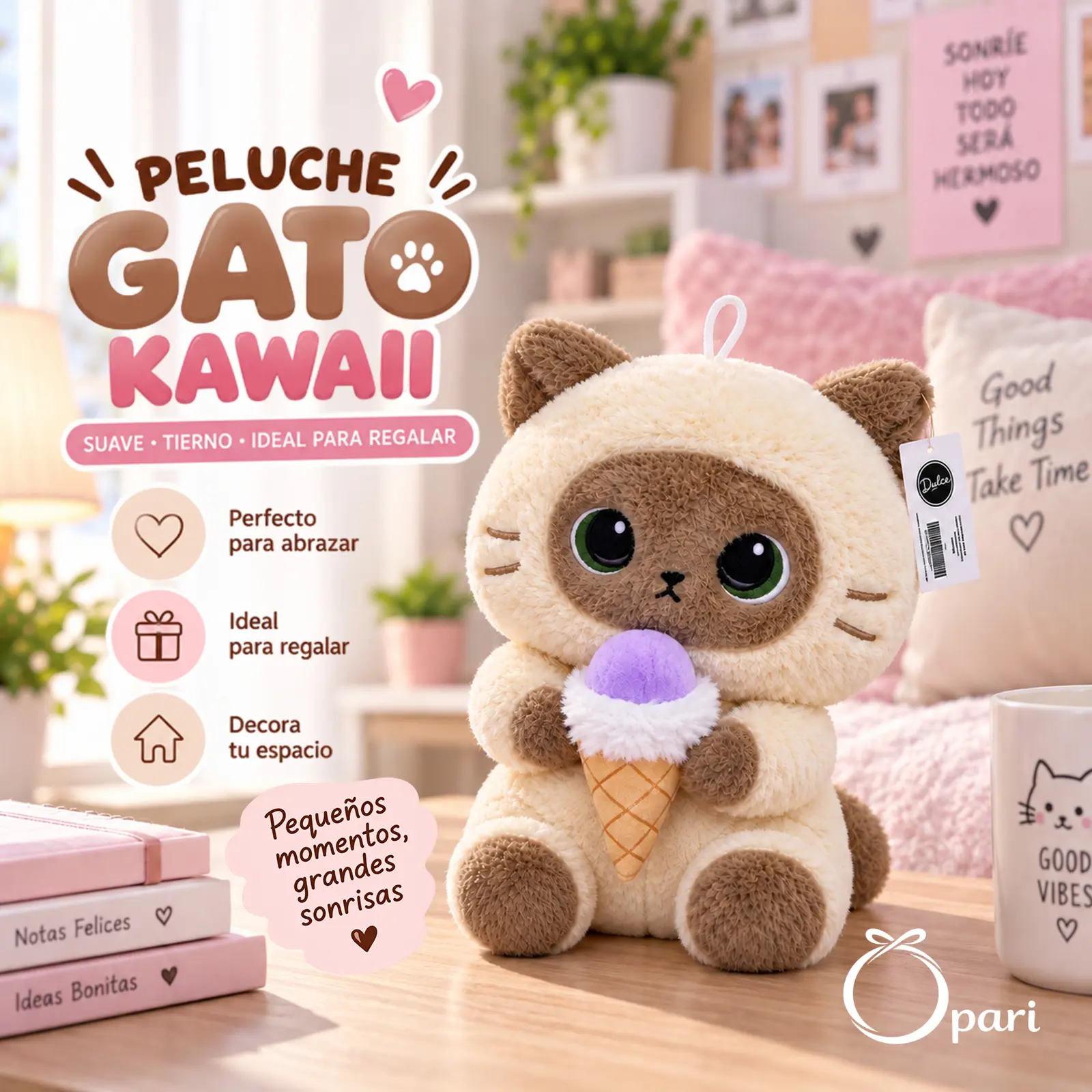 Peluche Gato Siamés Kawaii con Helado - Imagen 3