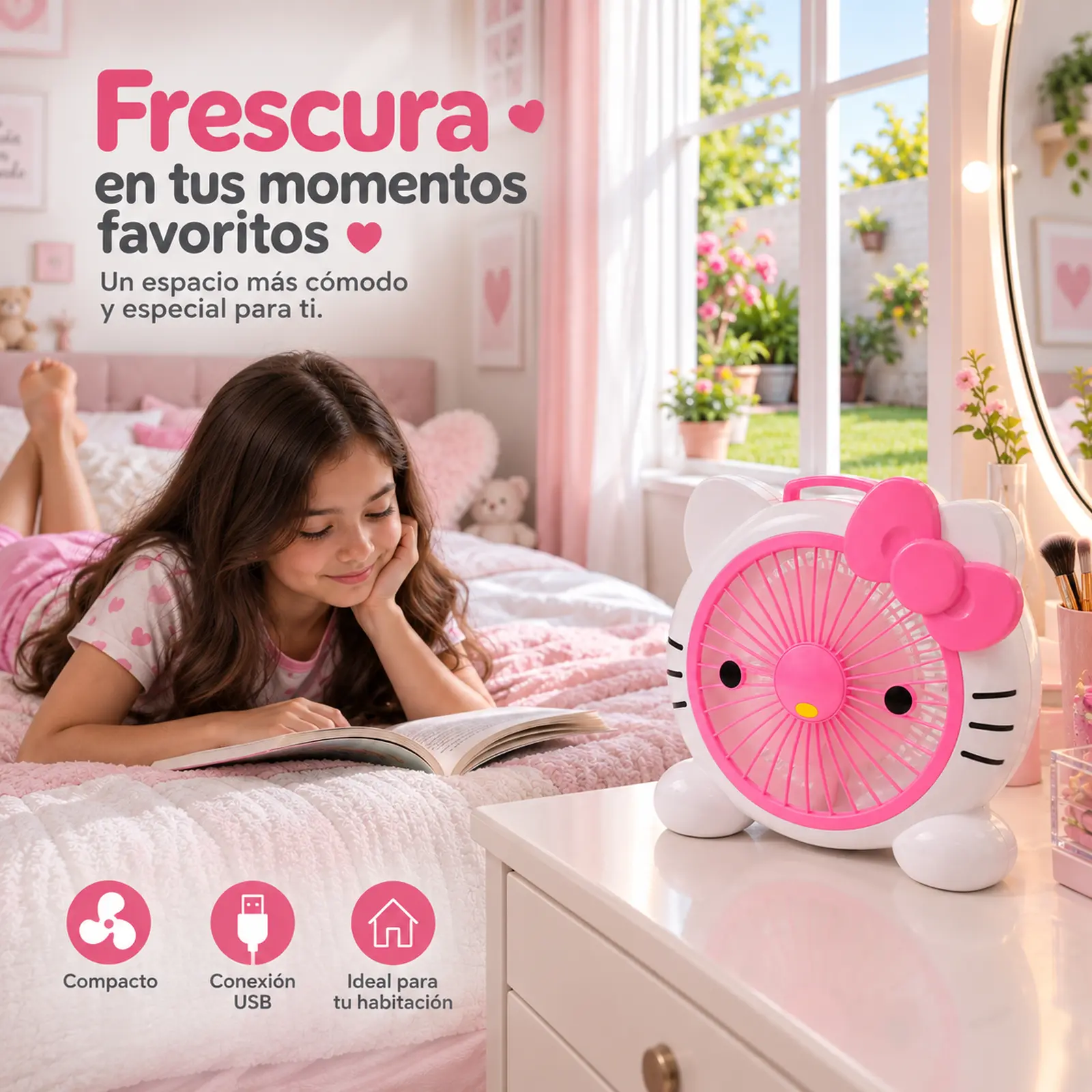 Ventilador de mesa Hello Kitty rosa y blanco con 2 velocidades