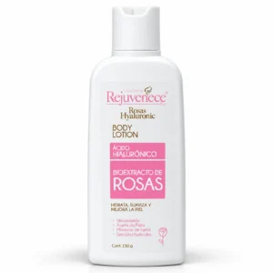 Frasco blanco de loción corporal Rejuvenece Plus Rosas Hyaluronic de 150 g, con tapa blanca y etiqueta que destaca ácido hialurónico y bioextracto de rosas.
