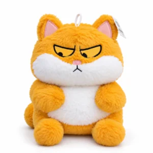 Peluche gato naranja kawaii gruñón sentado sobre fondo blanco