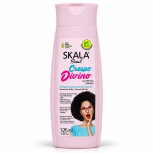 Botella rosa de shampoo Skala Brasil Crespo Divino de 325 ml para cabello crespo, rizado y en transición capilar.