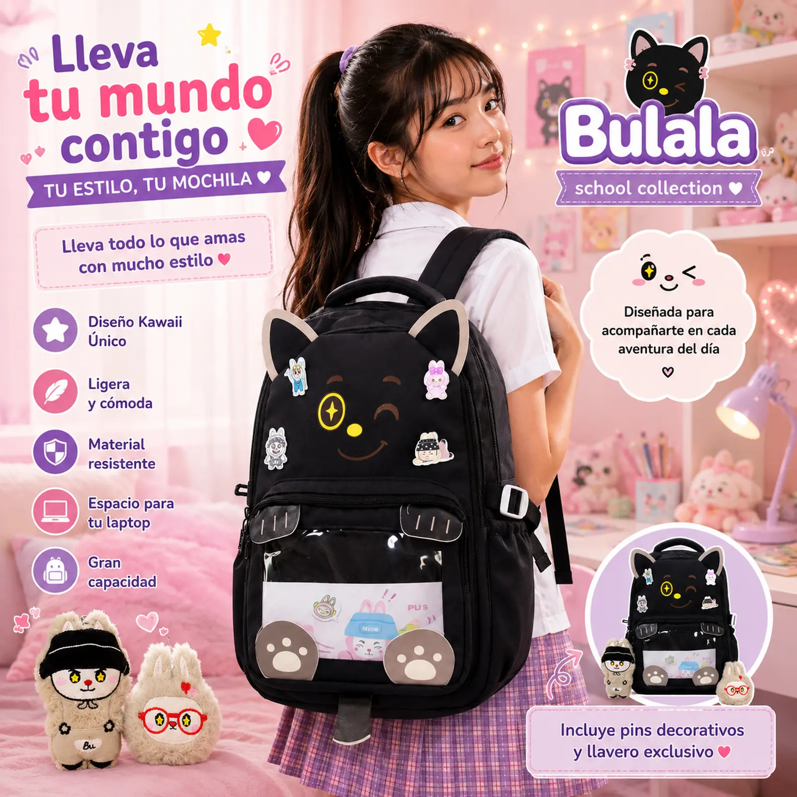 Mochila Escolar Kawaii Bulala Negro - Imagen 4