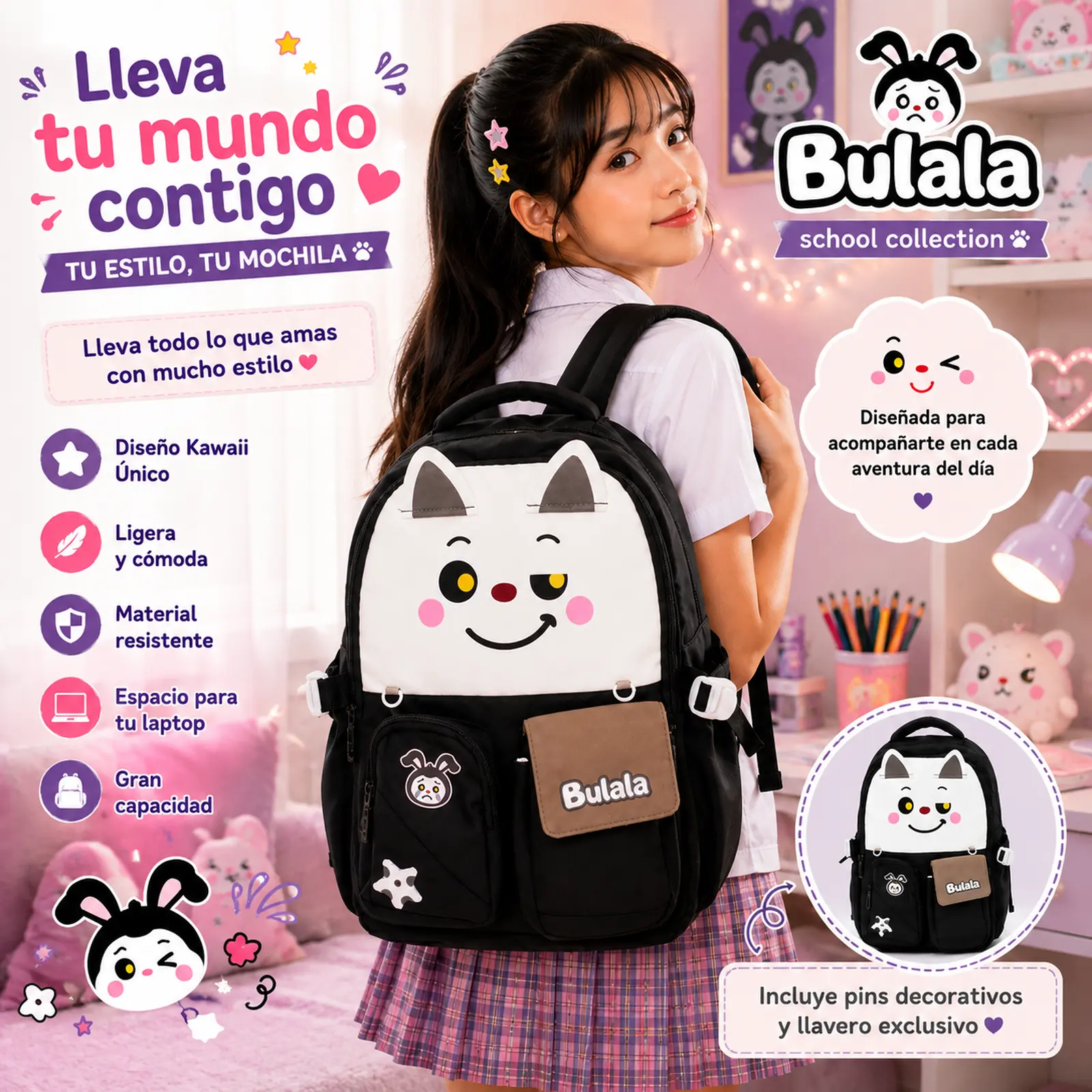 Mochila Escolar Kawaii Bulala Negro con Blanco - Imagen 3