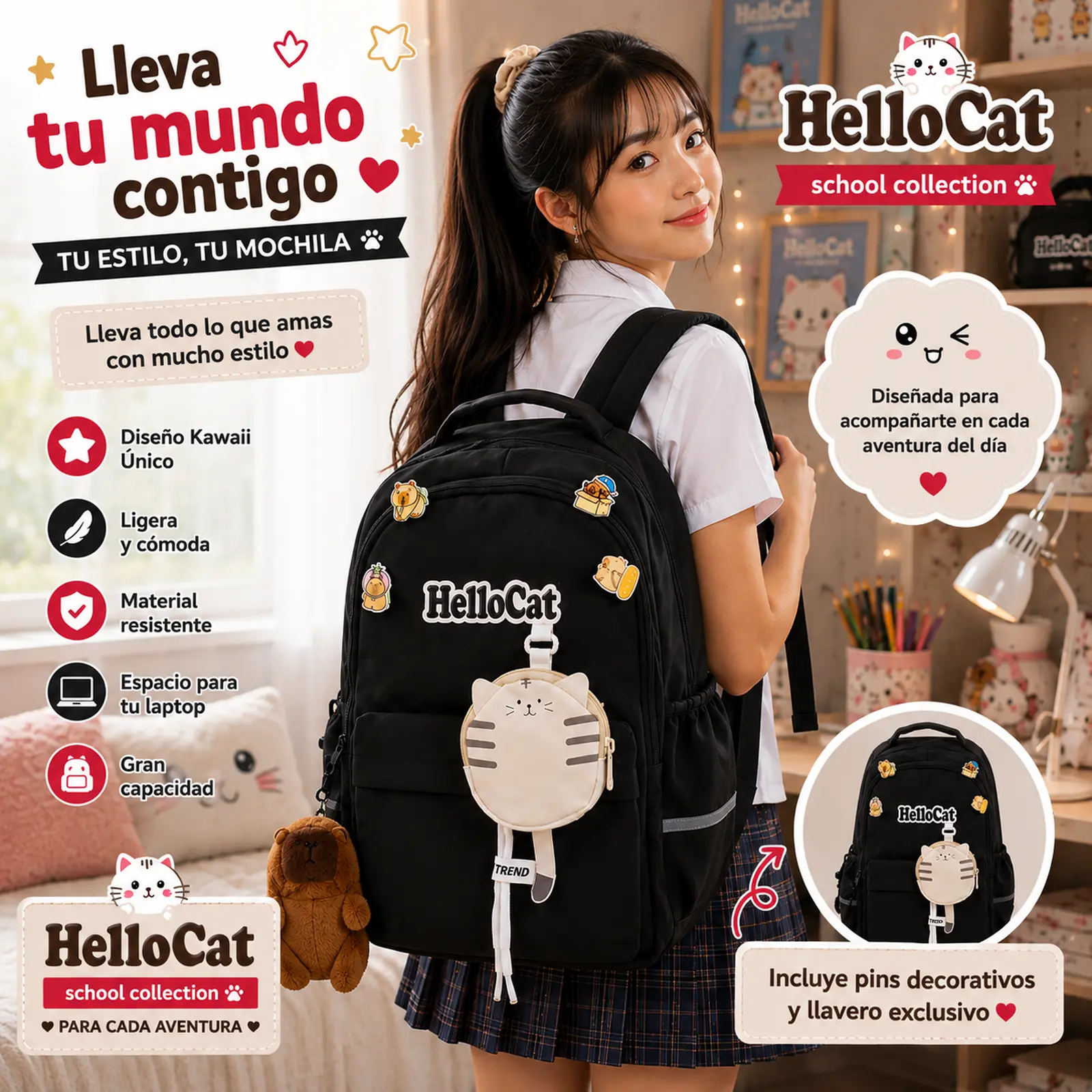 Mochila Escolar Kawaii Hello Cat Negro - Imagen 3