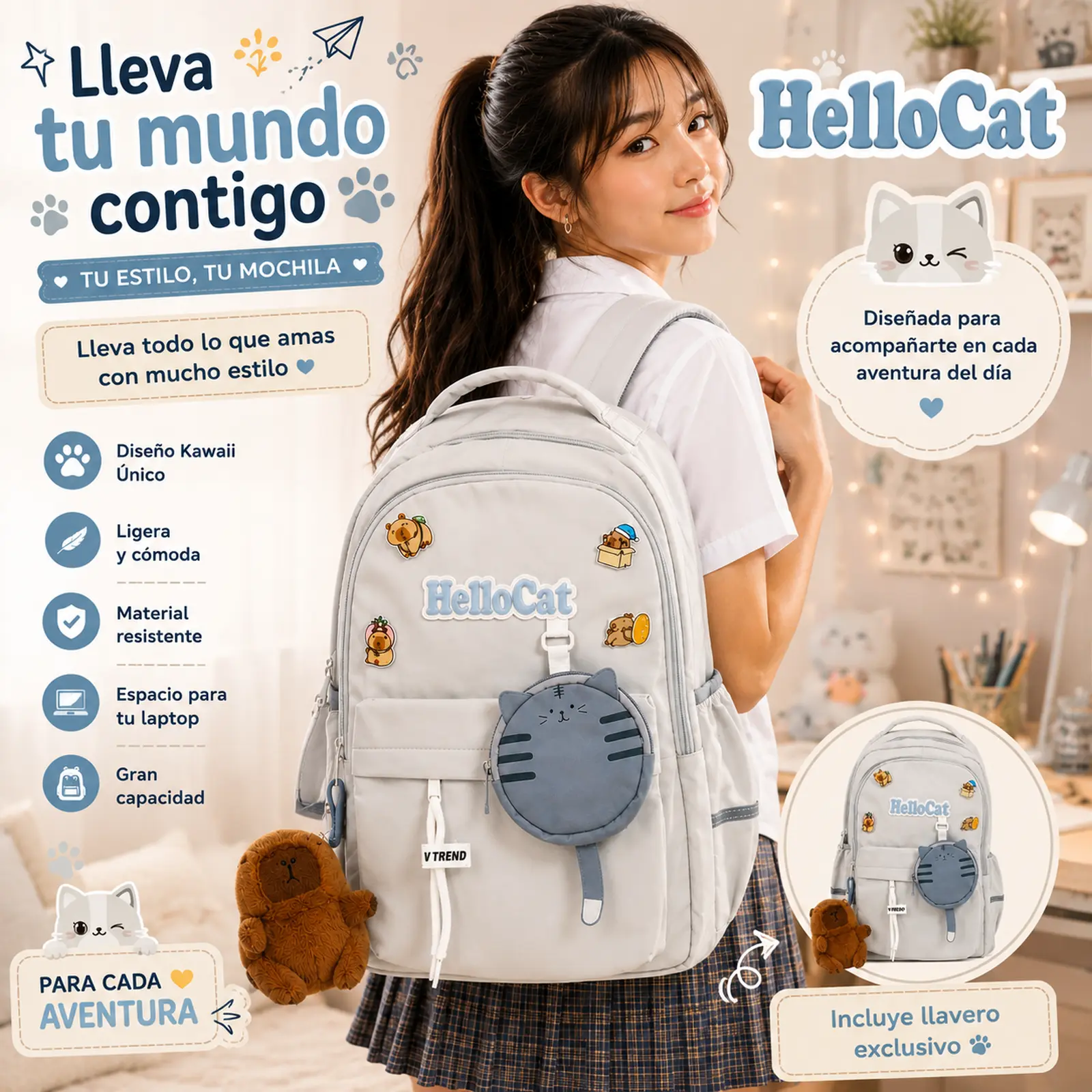 Mochila Escolar Kawaii Hello Cat Celeste - Imagen 4