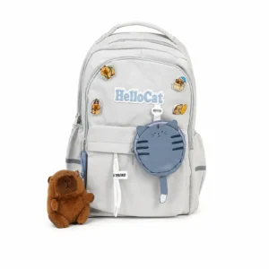 Mochila Escolar Kawaii Hello Cat celeste con monedero de gato