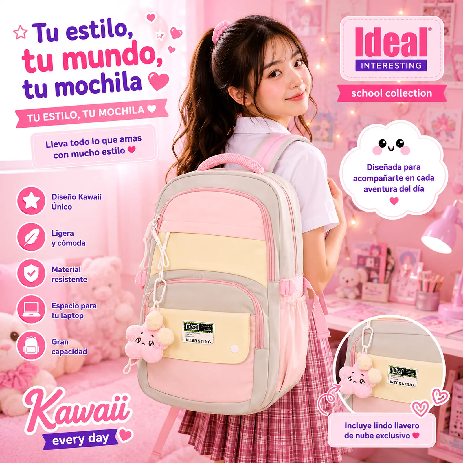 Mochila Escolar Kawaii Rosa con Crema - Imagen 3