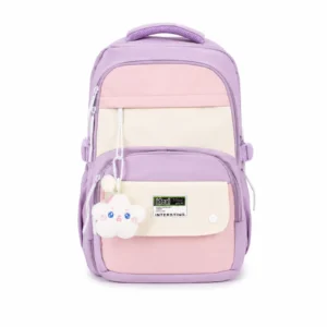 Mochila Escolar Kawaii lavanda con rosado y llavero de peluche