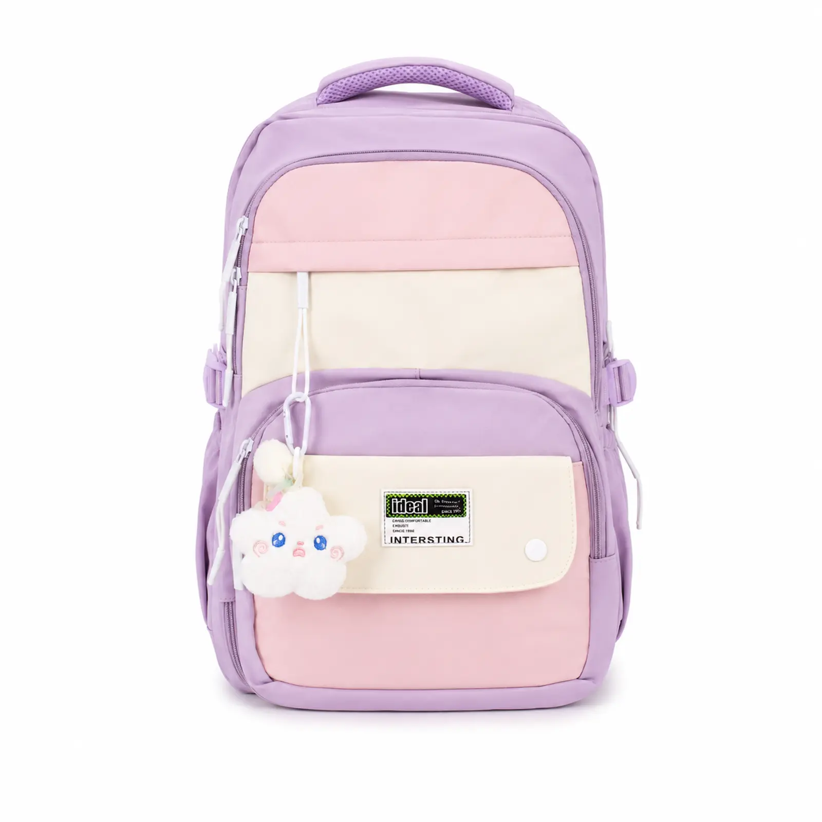 Mochila Escolar Kawaii lavanda con rosado y llavero de peluche
