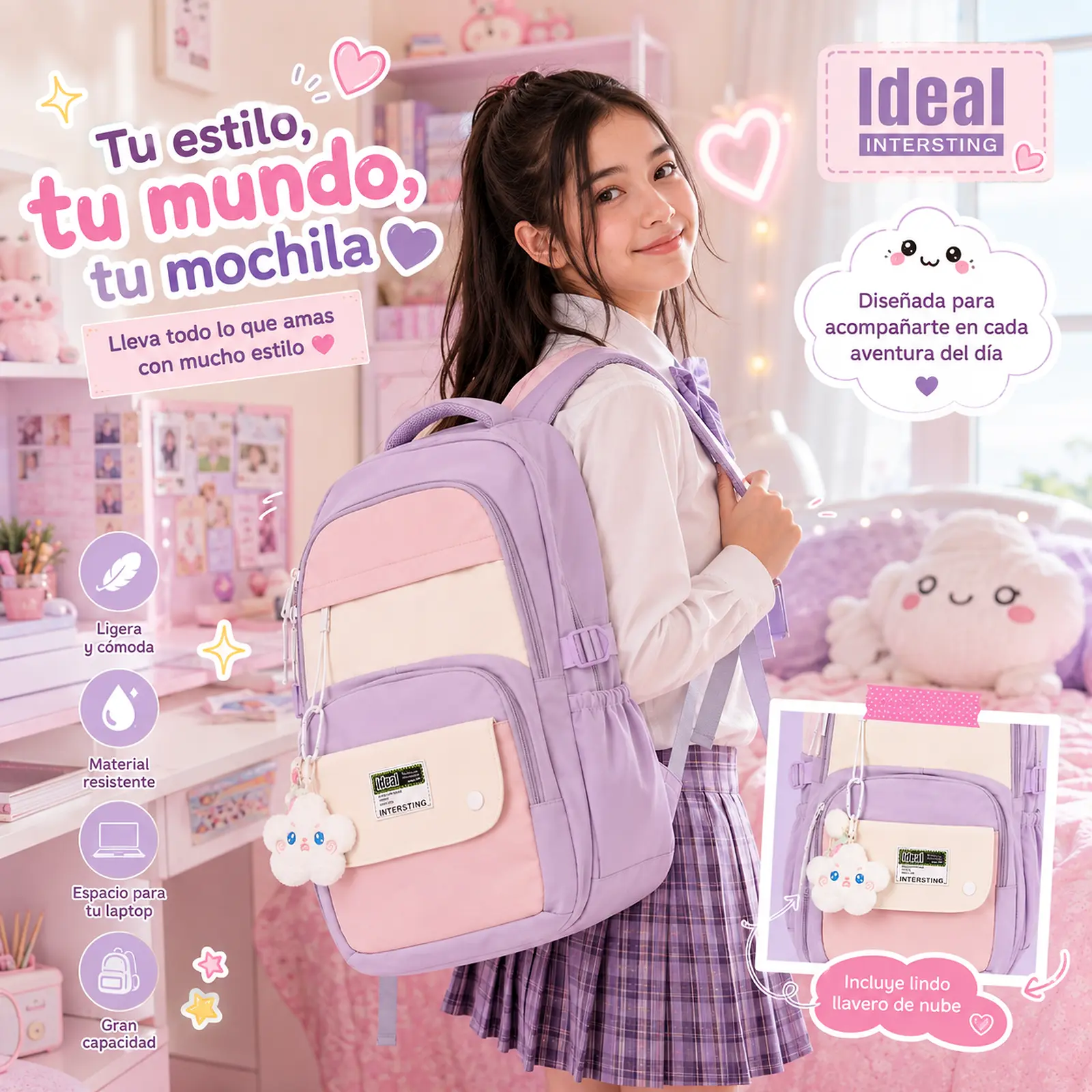 Mochila Escolar Kawaii Lavanda con Rosado - Imagen 3