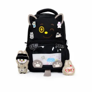 Mochila Escolar Kawaii Bulala negra con diseño de gato y accesorios de peluche