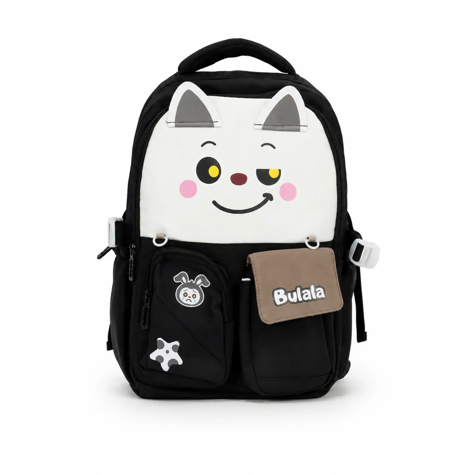 Mochila Escolar Kawaii Bulala negro con blanco con diseño de gato