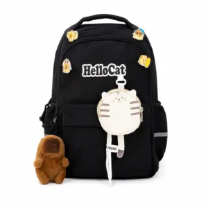 Mochila Escolar Kawaii Hello Cat negra con monedero de gato