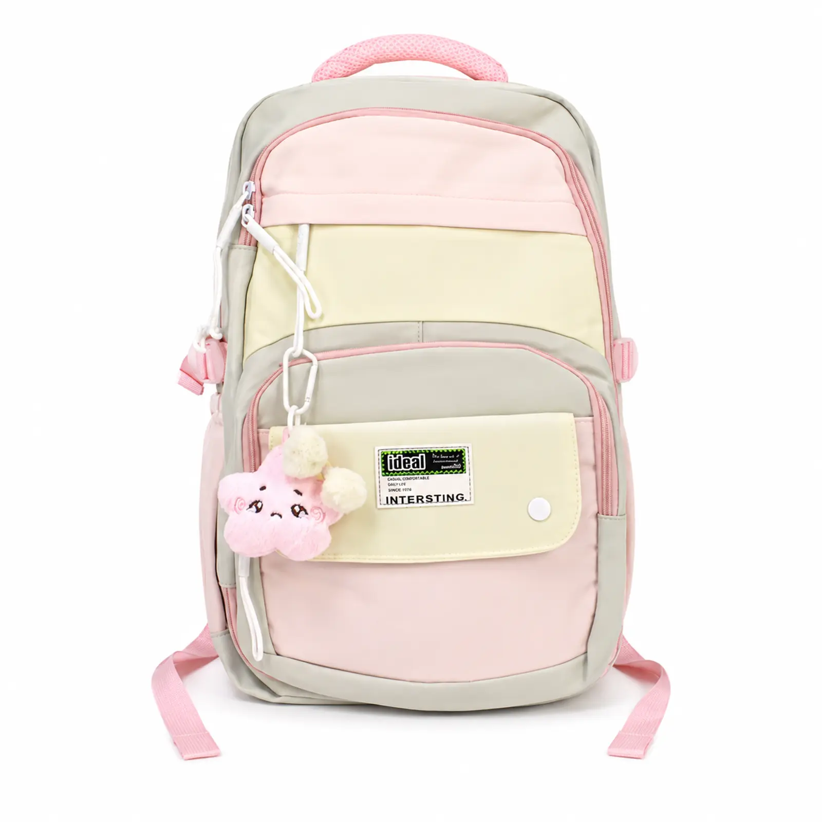 Mochila Escolar Kawaii rosa con crema y llavero de peluche