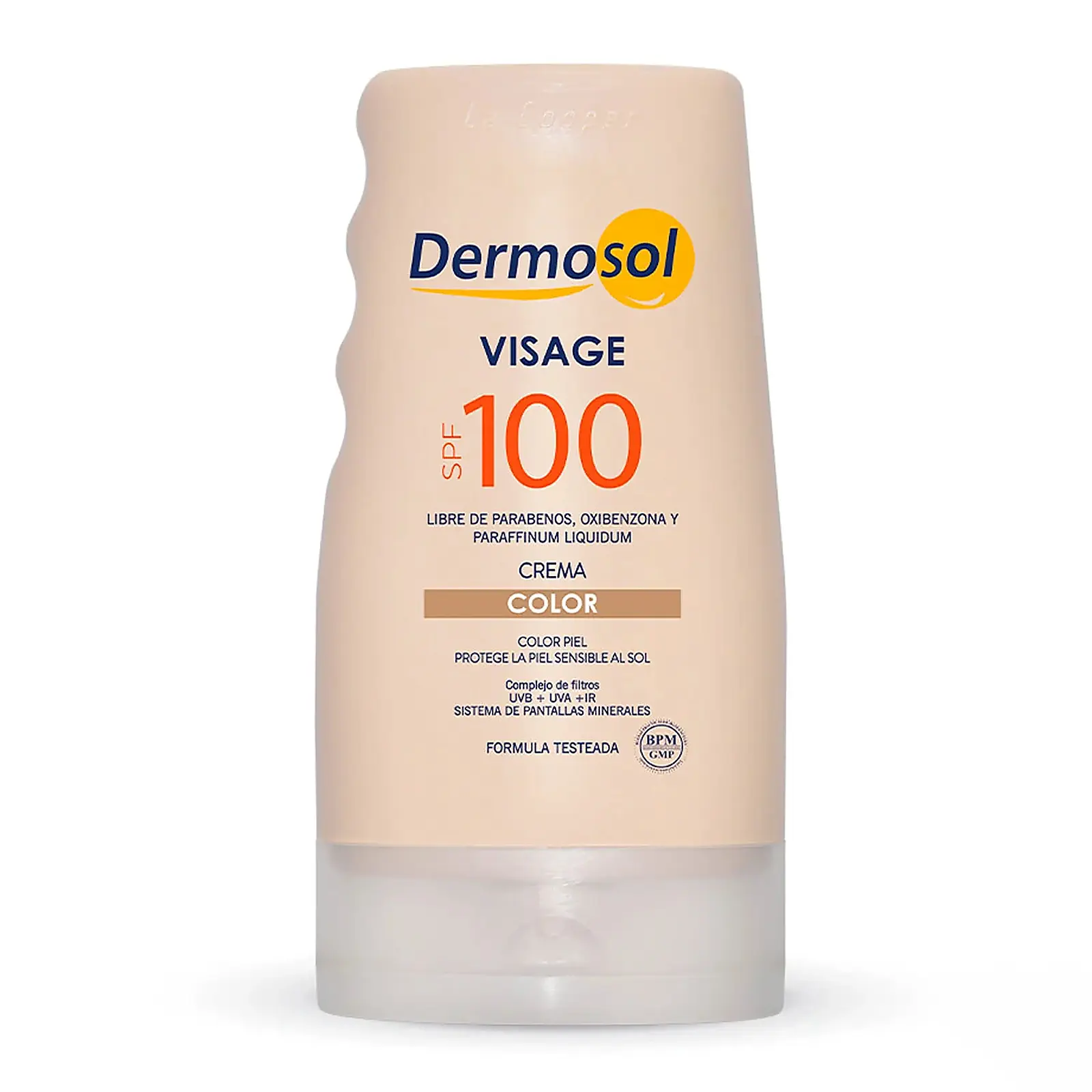 Envase beige de protector solar facial Dermosol Visage Color SPF 100 de 60 g, con acabado color piel e indicaciones de protección UVA, UVB e IR.