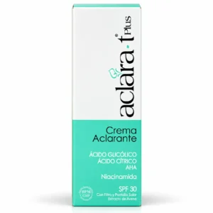 Caja de la crema aclarante Aclara-T Plus de La Cooper, con niacinamida, ácidos glicólico y cítrico, AHA y SPF 30, presentación de 50 g.
