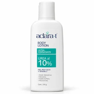 Frasco blanco de crema corporal Aclara-T Body Lotion con urea al 10%, contenido de 150 g y etiqueta que indica uso para piel muy seca y sensible.