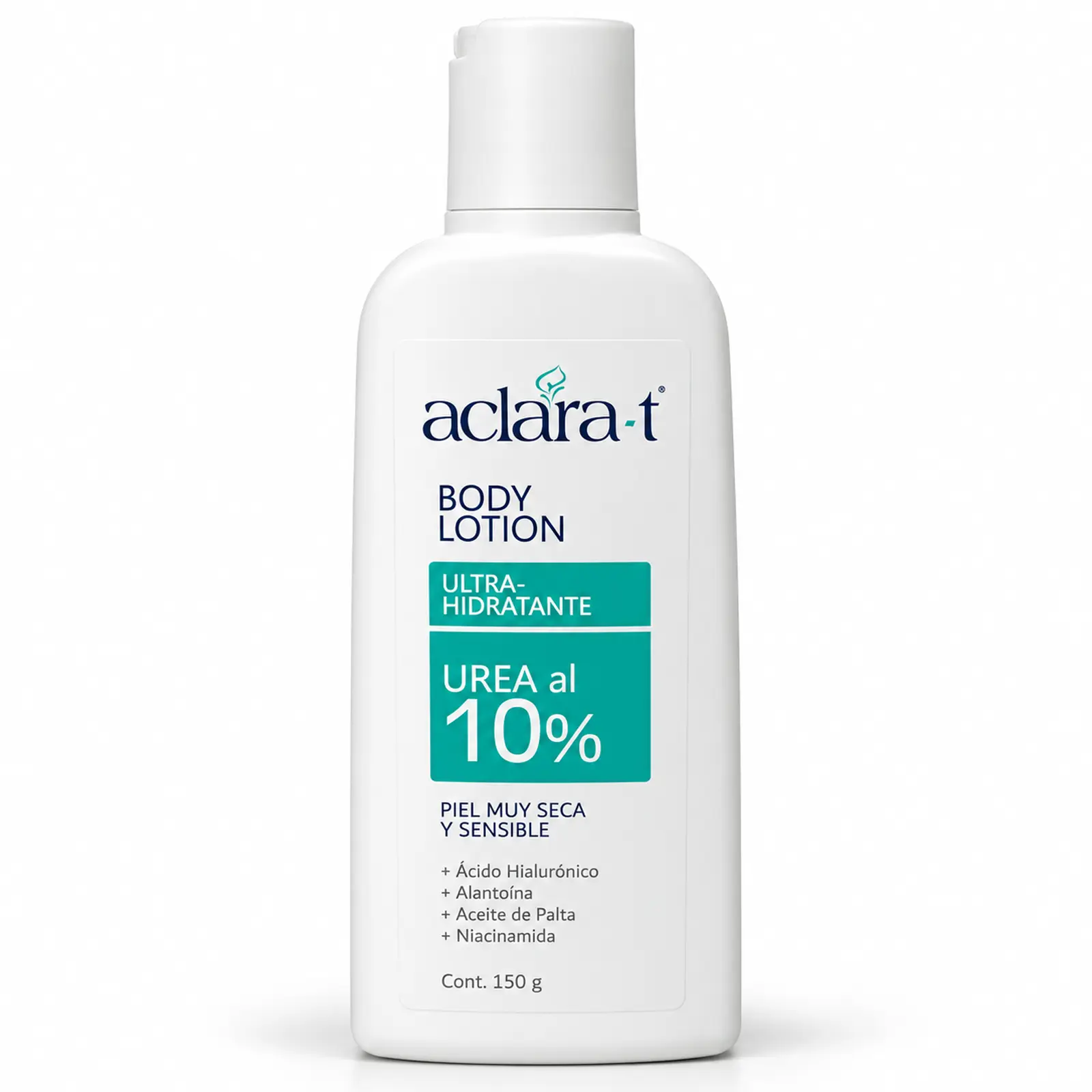 Frasco blanco de crema corporal Aclara-T Body Lotion con urea al 10%, contenido de 150 g y etiqueta que indica uso para piel muy seca y sensible.