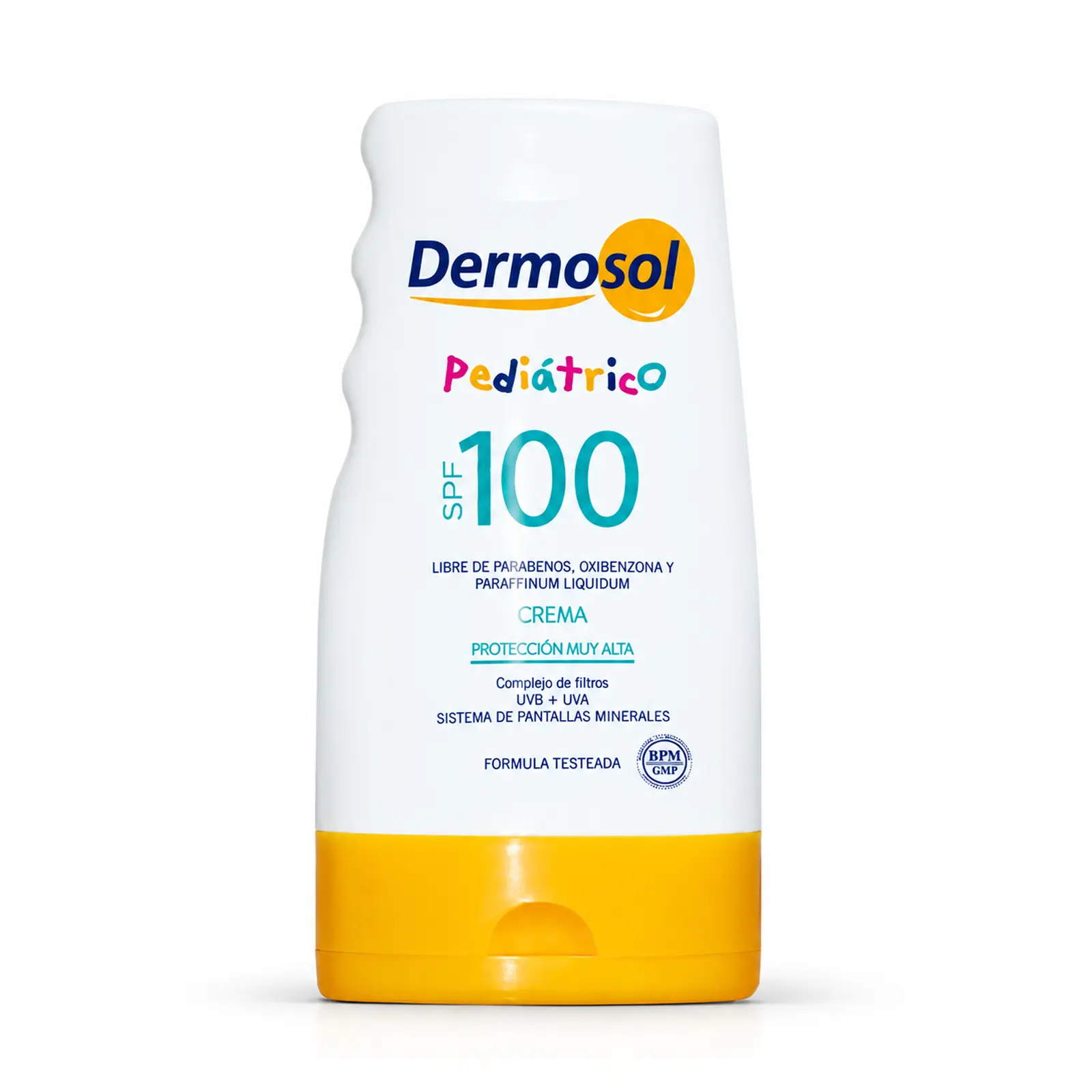 Frasco blanco y amarillo de crema fotoprotectora pediátrica Dermosol SPF 100, con etiqueta que indica protección UVA y UVB y ausencia de parabenos, oxibenzona y Paraffinum Liquidum.