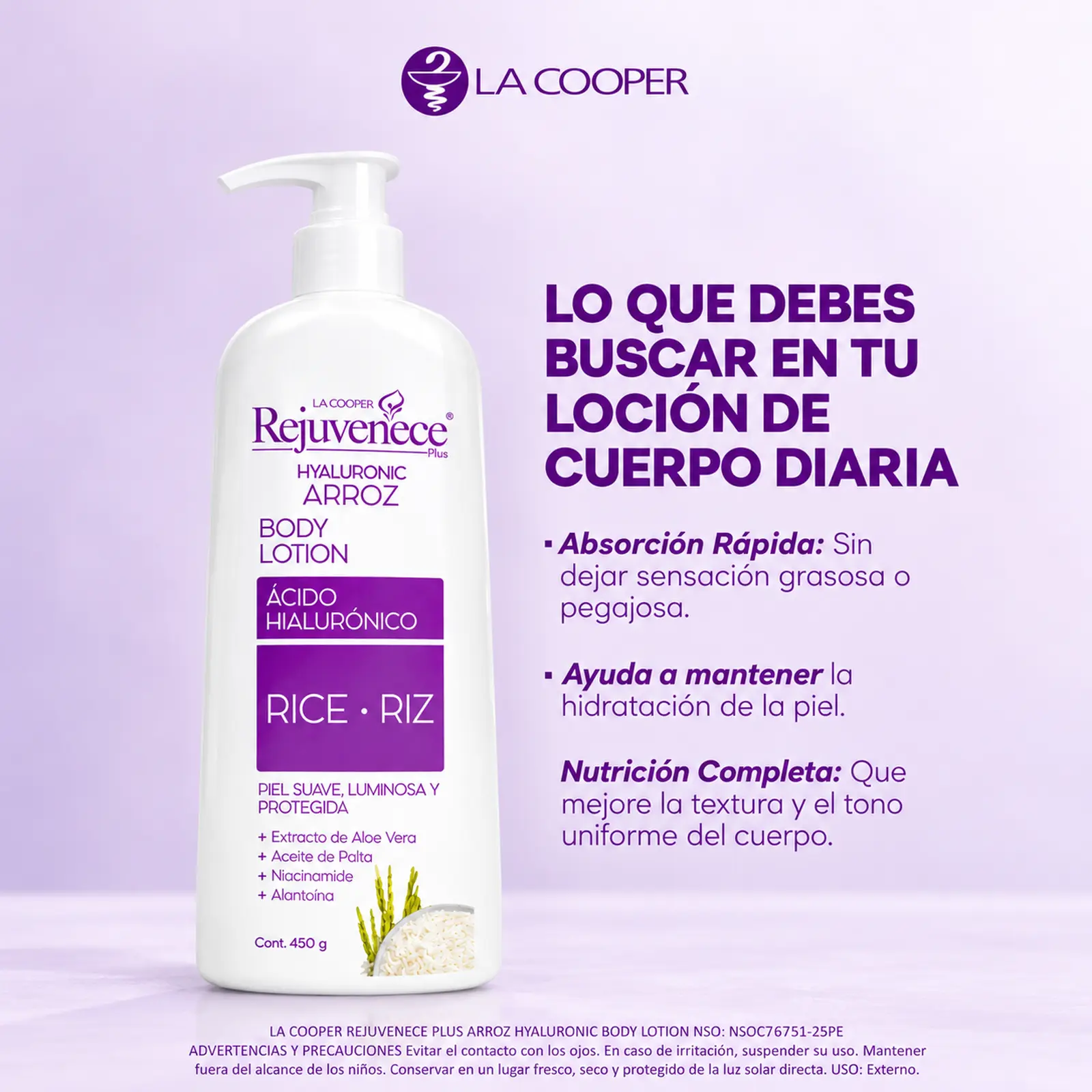 Crema Corporal Hialurónica de Arroz La Cooper Rejuvenece Plus 450 g - Imagen 2