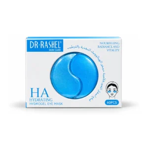 Caja de la mascarilla de hidrogel para ojos Dr. Rashel con ácido hialurónico, parches azules y presentación de 60 piezas.