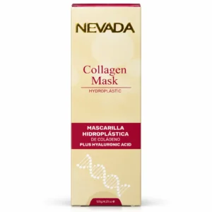 Caja dorada y roja de la mascarilla hidroplástica Nevada Collagen Mask de 120 g, con la indicación Plus Hyaluronic Acid.