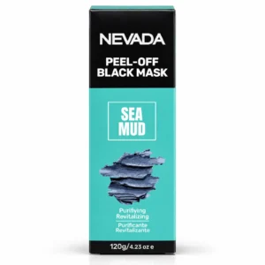 Caja negra y turquesa de mascarilla facial Nevada Peel-Off Black Mask Sea Mud de 120 g, con indicaciones Purifying y Revitalizing.