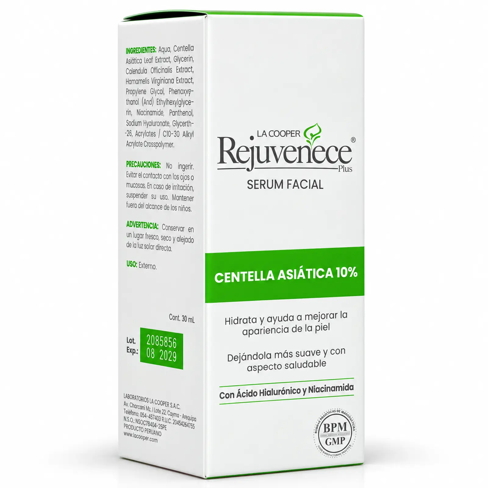 Sérum facial La Cooper Rejuvenece Plus con centella asiática al 10%, ácido hialurónico y niacinamida, presentación de 30 ml. Copiar ALT