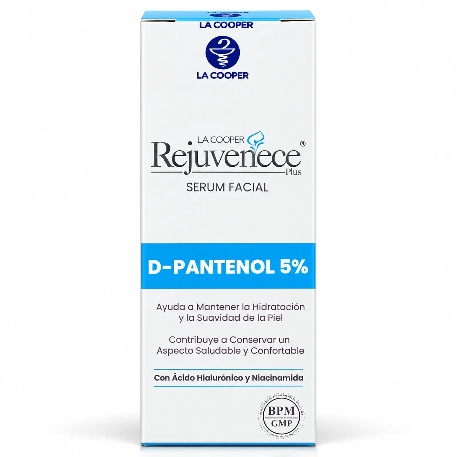 Sérum facial La Cooper Rejuvenece Plus D-Pantenol 5% con ácido hialurónico y niacinamida, presentación de 30 ml.