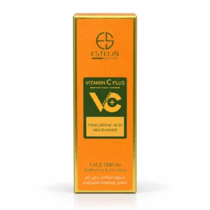 Caja del sérum facial Estelin Vitamin C Plus de 50 ml, en color naranja y dorado, con vitamina C, ácido hialurónico y niacinamida.