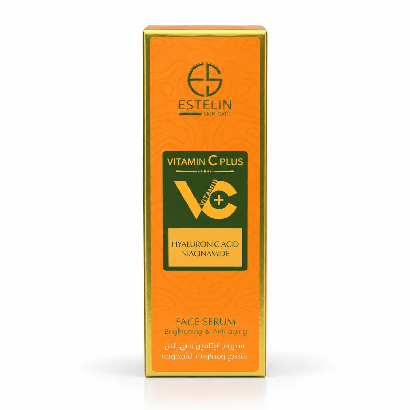 Caja del sérum facial Estelin Vitamin C Plus de 50 ml, en color naranja y dorado, con vitamina C, ácido hialurónico y niacinamida.