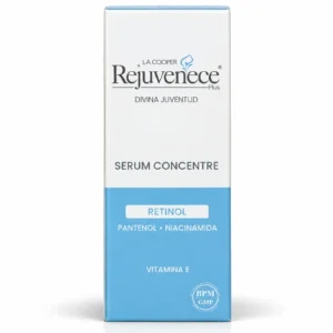 Sérum facial Concentre Retinol La Cooper Rejuvenece Plus Divina Juventud, caja blanca y azul con pantenol, niacinamida y vitamina E.