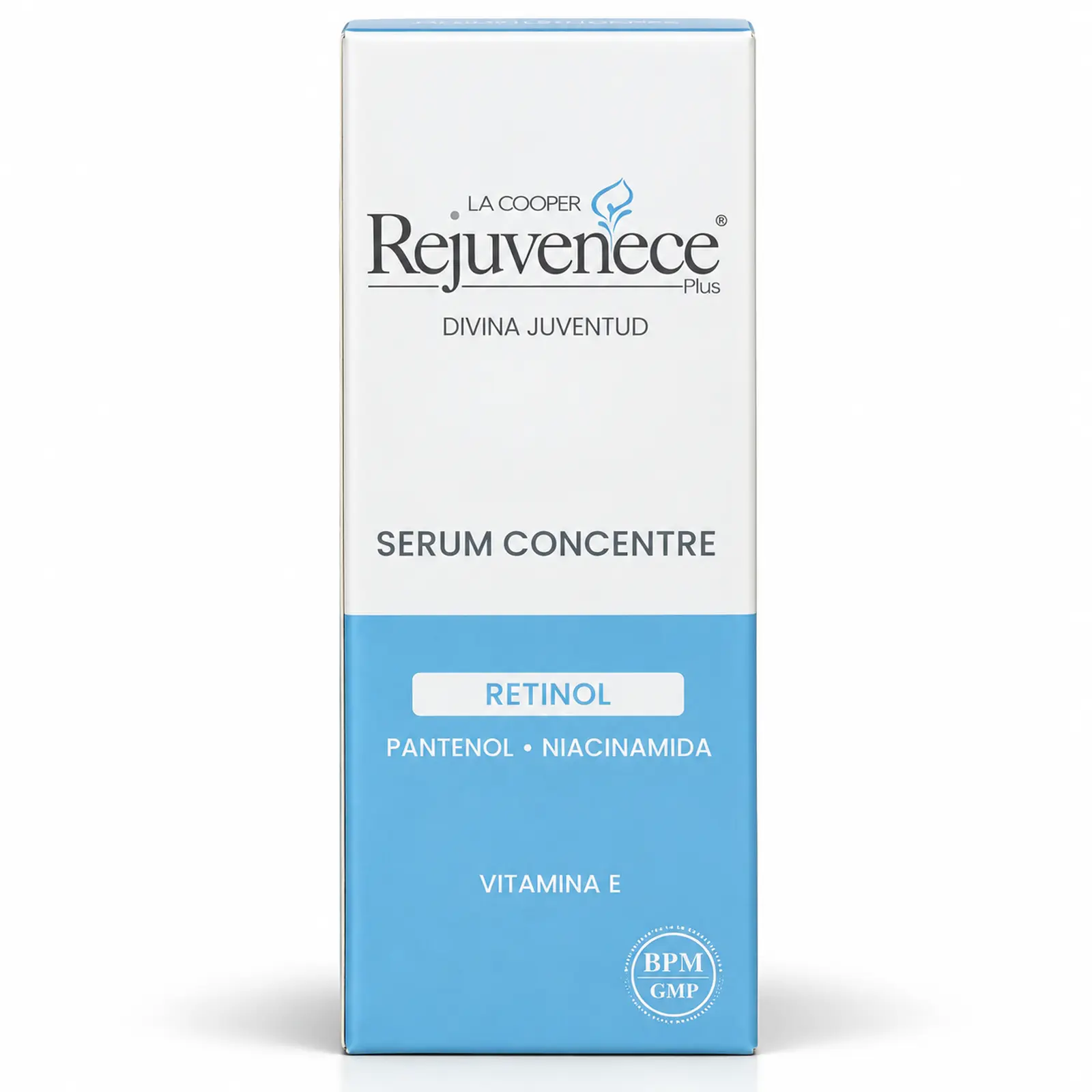 Sérum facial Concentre Retinol La Cooper Rejuvenece Plus Divina Juventud, caja blanca y azul con pantenol, niacinamida y vitamina E.
