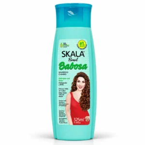 Botella turquesa de shampoo Skala Brasil Babosa de 325 ml, con tapa turquesa y etiqueta celeste que indica hidratación y brillo.