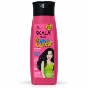 Botella rosa de shampoo Skala Brasil #Mais Cachos de 325 ml, con tapa negra y etiqueta que destaca D-pantenol, aceite de ricino y manteca de karité.