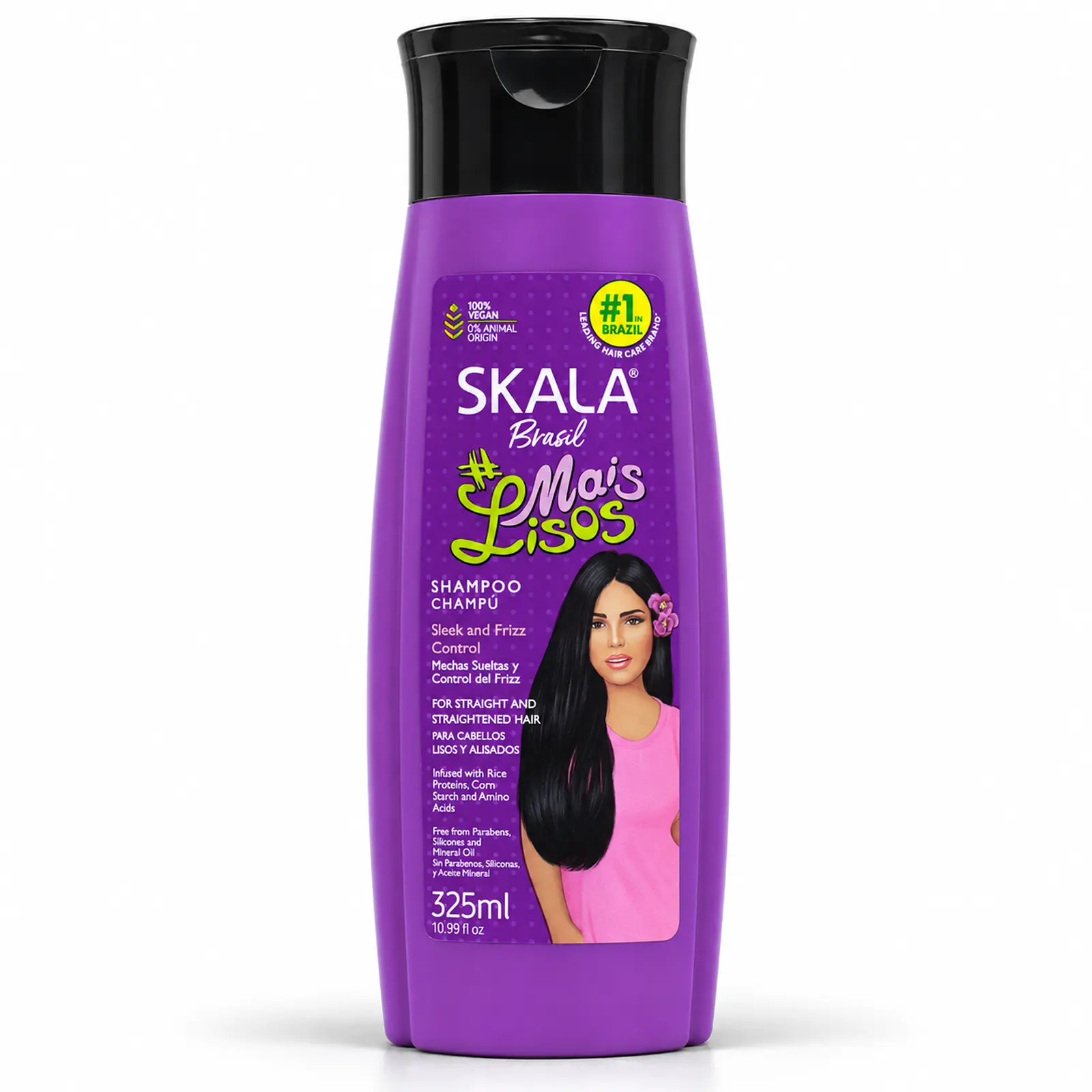 Botella morada de shampoo Skala Brasil #Mais Lisos de 325 ml, con tapa negra y etiqueta que indica control del frizz para cabello liso y alisado.